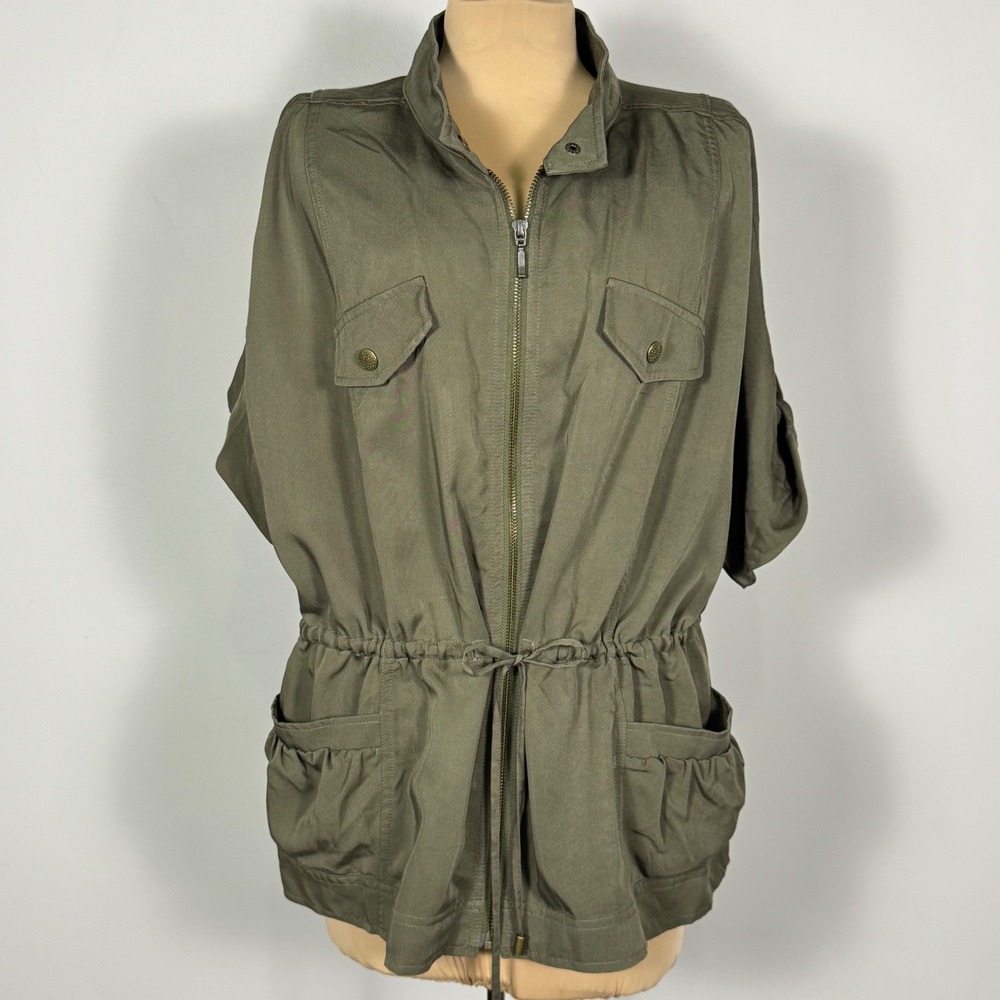 NWT CJ Banks Utility Jacket Drawstring Waist Roll Tab Sleeve Olive Green 14W